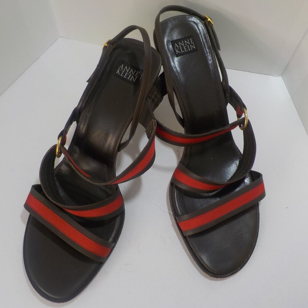 ANNE KLEIN, Strappy, Red & Brown Grosgrain Ribbon, Cris-Crossed Sandals